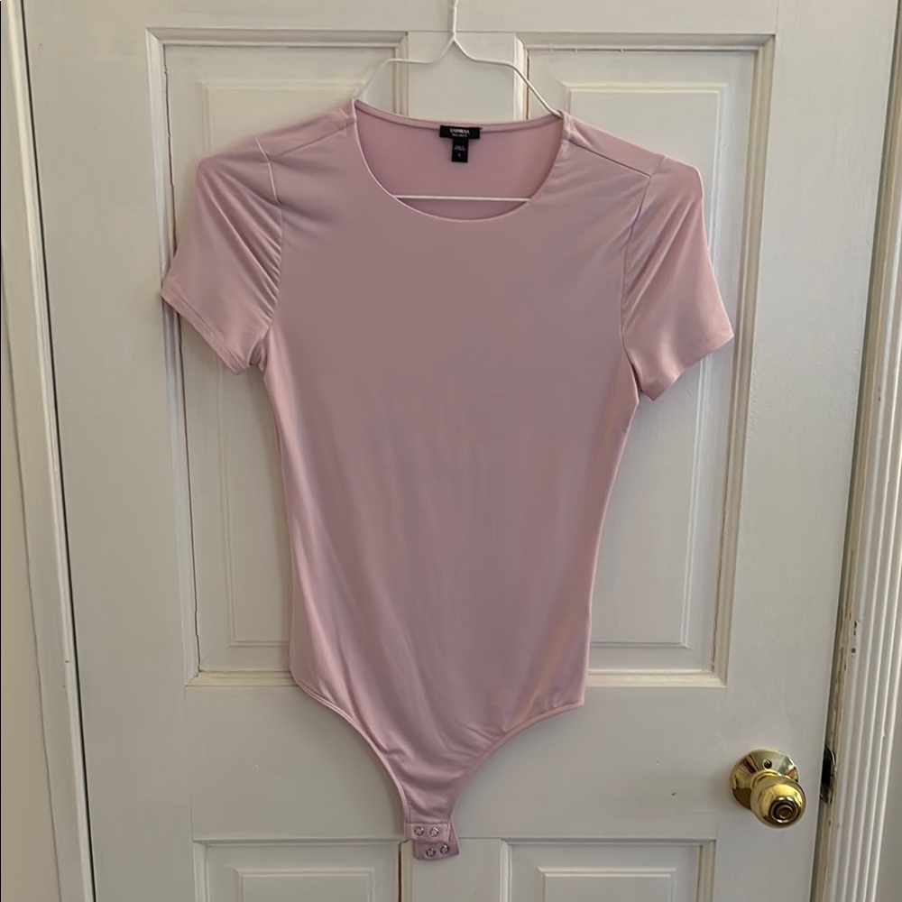 Express Pink Fitted Ruched Bodysuit Short Sleeve